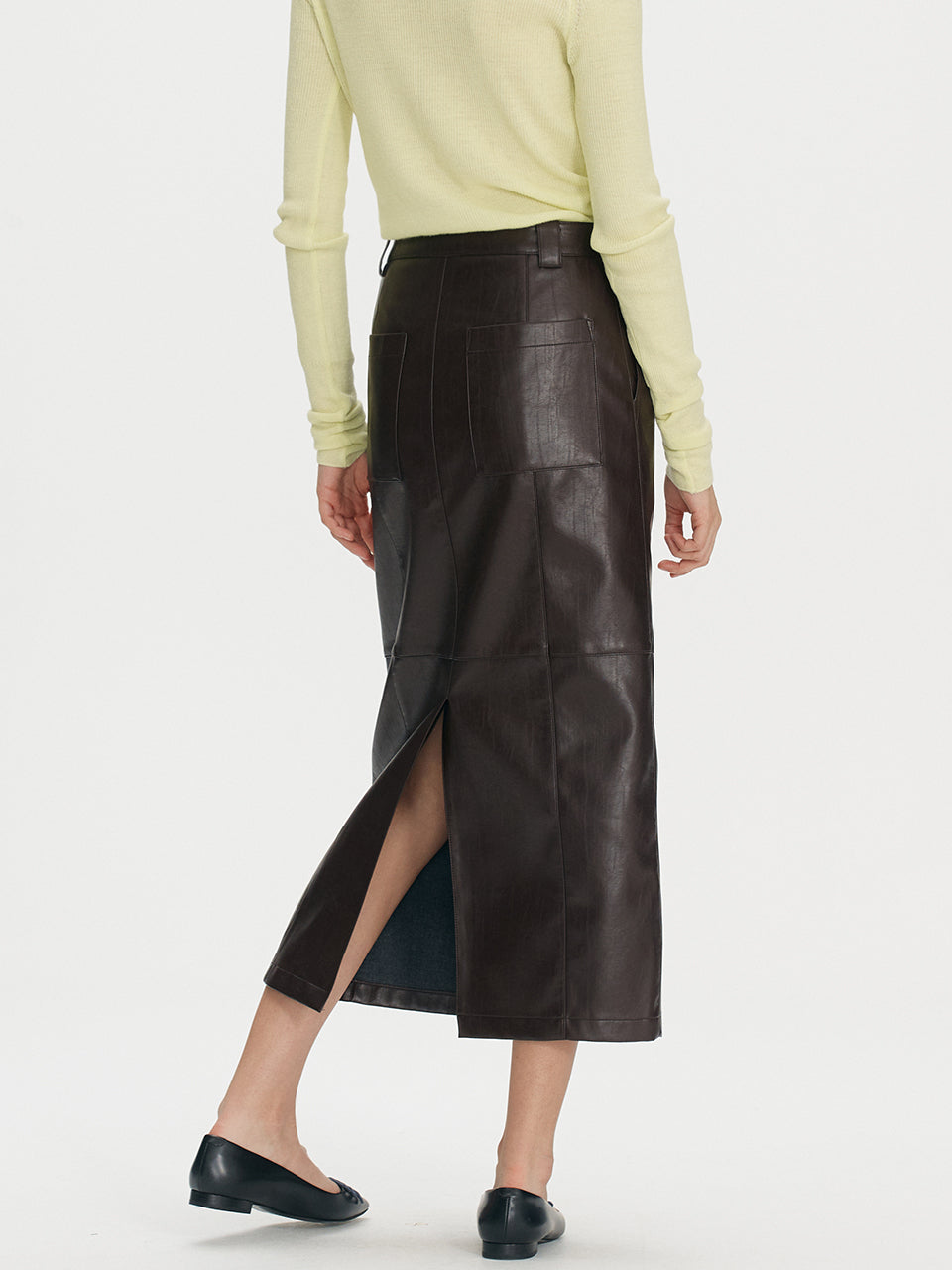 Fake leather stitch long skirt - Wine