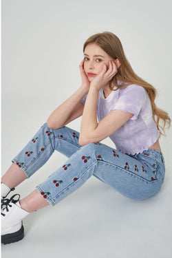 STRAIGHT FIT CHERRY EMBROIDERY DENIM PANTS [6851]