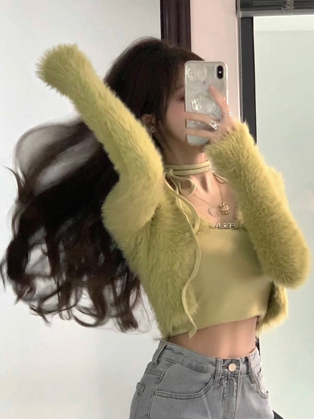 Green Cardigan Top Set