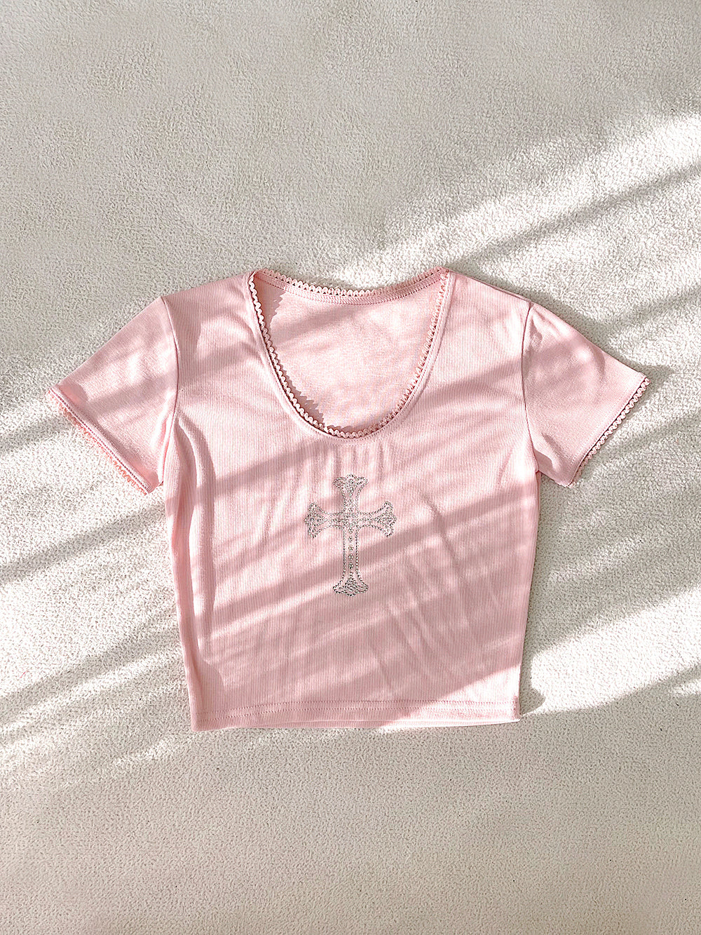 Sparkling Cubic Lace Crop T-Shirt (Pink)