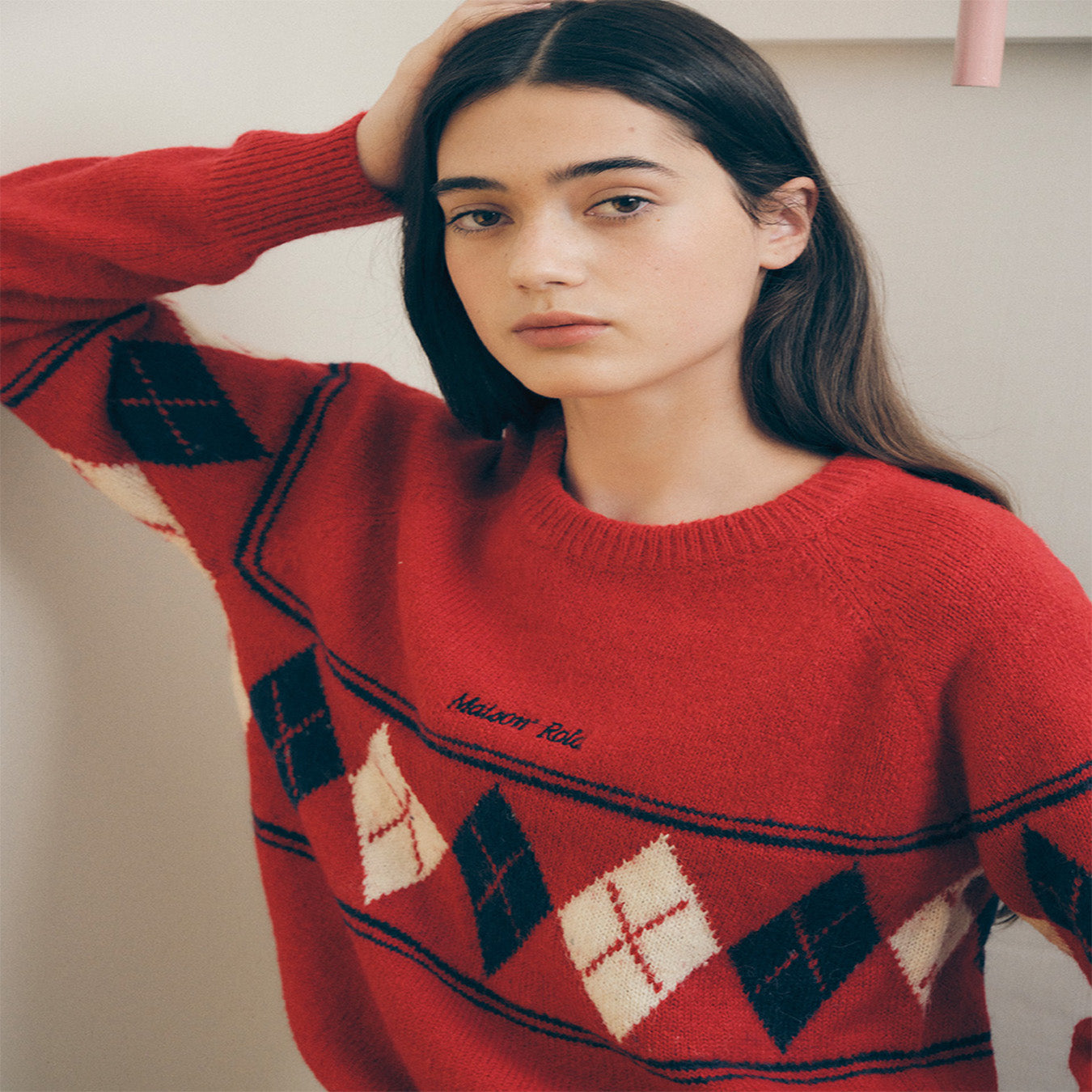 ARGYLE KNIT PULLOVER RED
