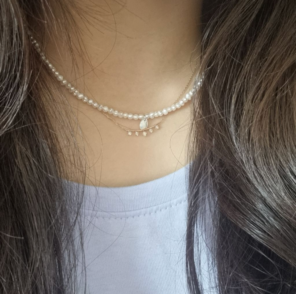 dio Silver 925 Fresh Water Pearl Necklace Innocent Daily Simple Layered Necklace