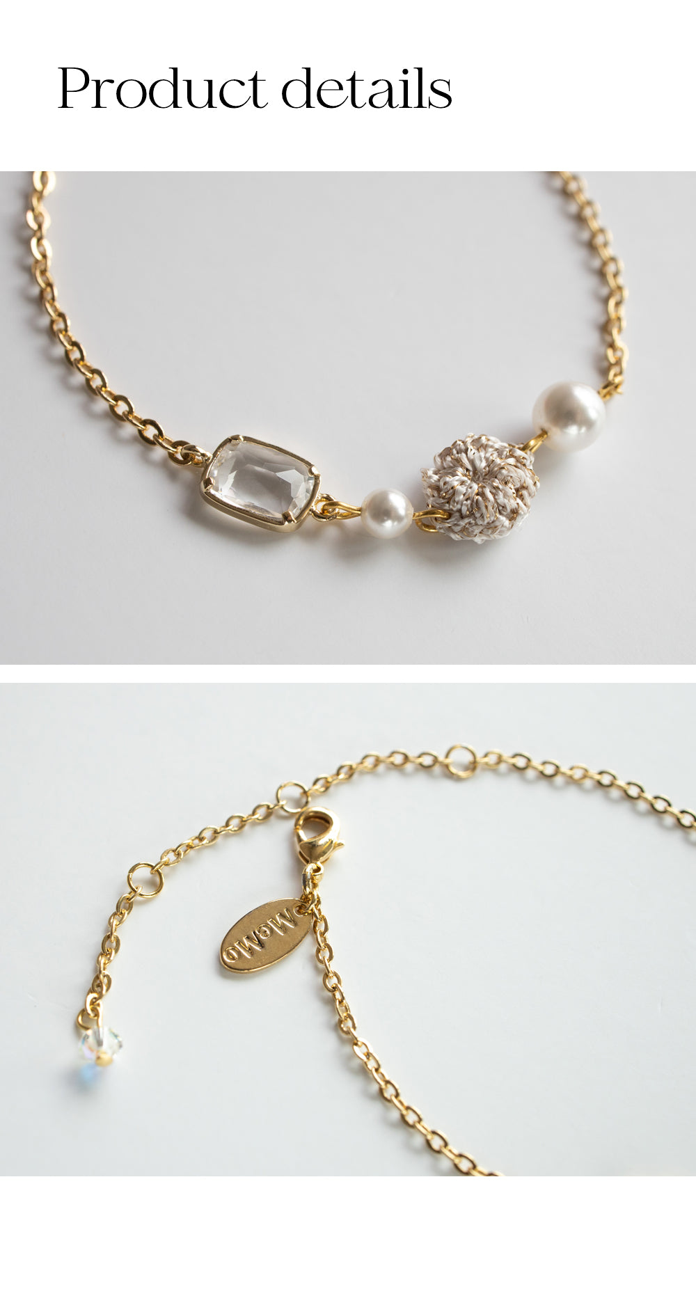 Pearl and crystal gold chain bracelet