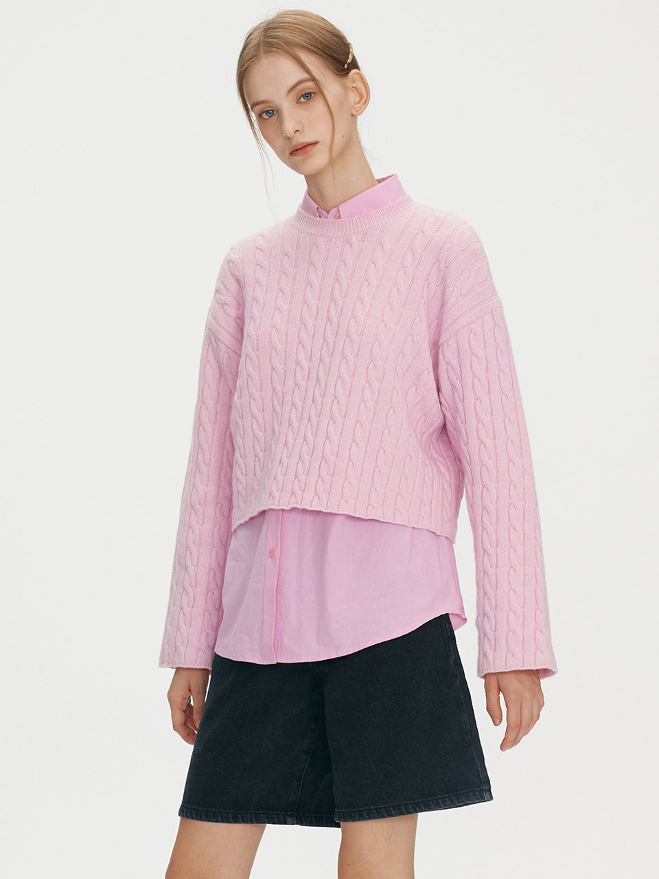 Back point cable knit - Baby pink