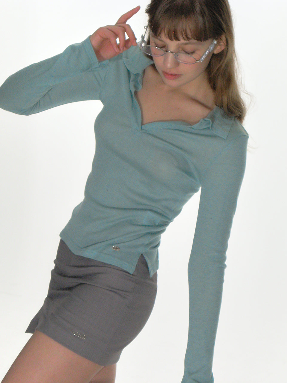 SHEER COLLARED TOP_BLUE GREEN