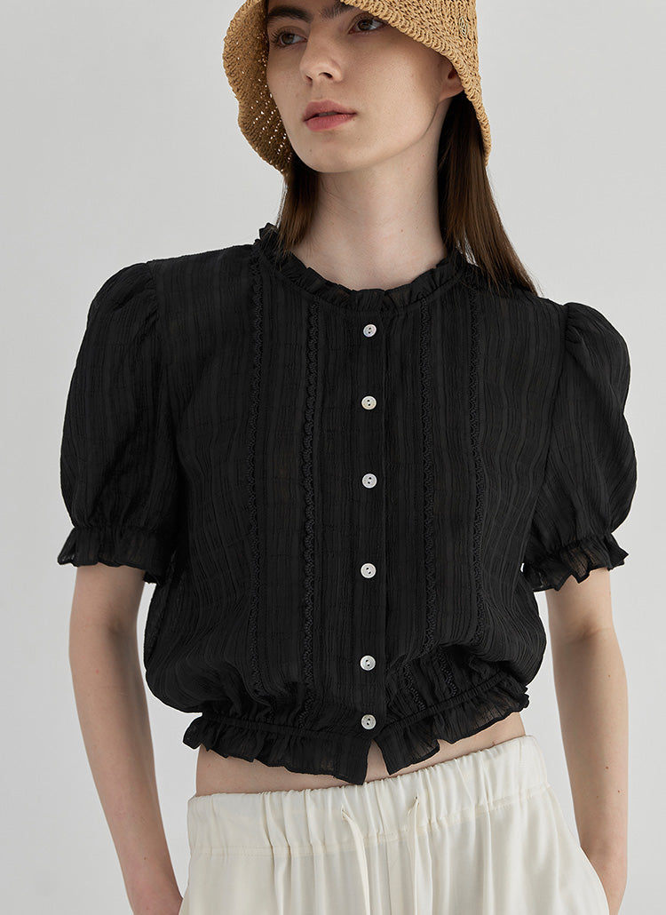 (BL-4136) Frill neck lace cropped banding blouse