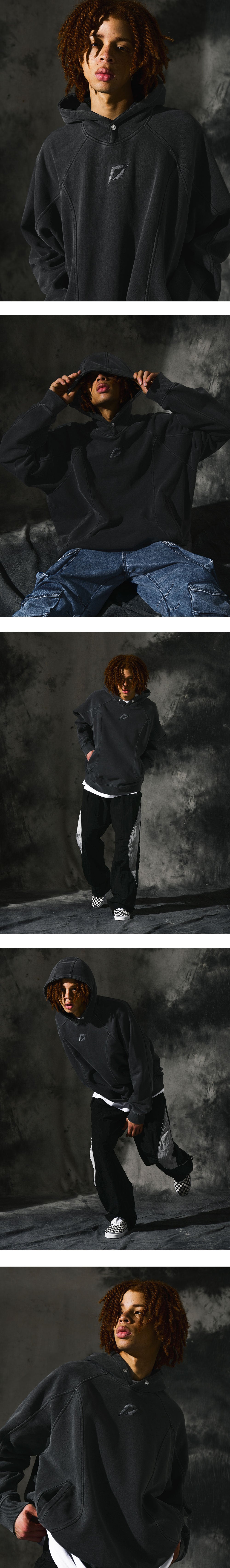 [Heavy Cotton] Pigment Washing Puzzle Embroidered Hoodie_Charcoal