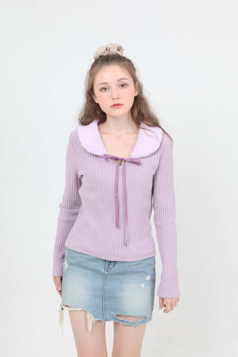 fur collar knit t-shirt purple