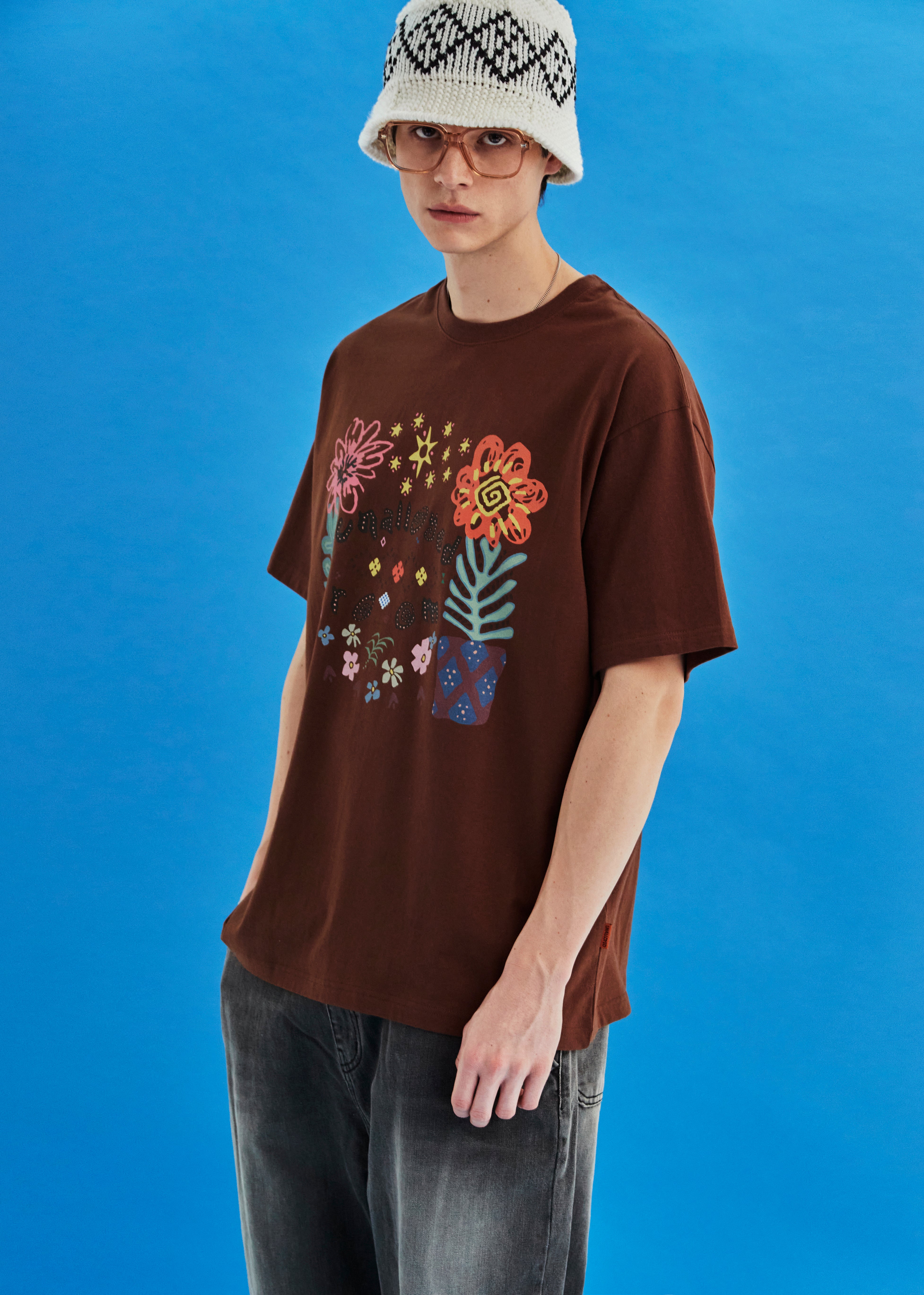 FLOWER ARGYLE T SHIRT / BROWN