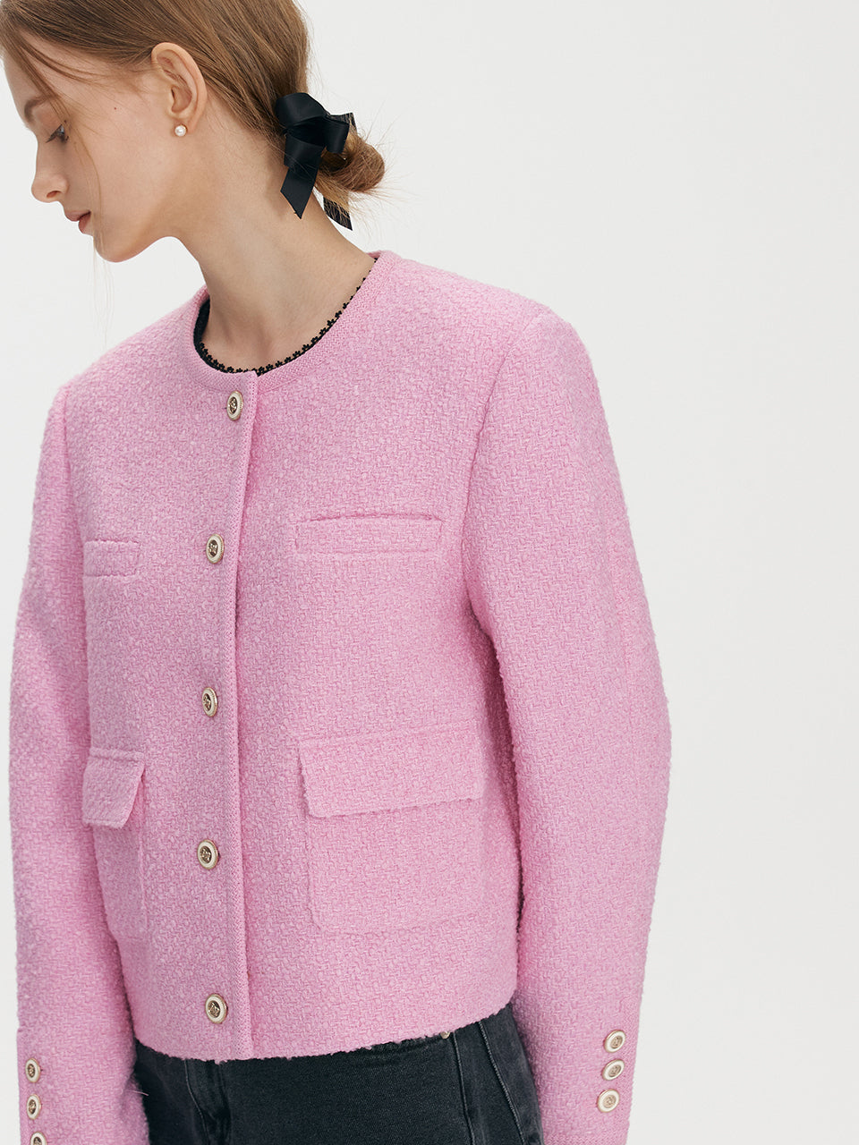 Trimming wool tweed jacket - Pink