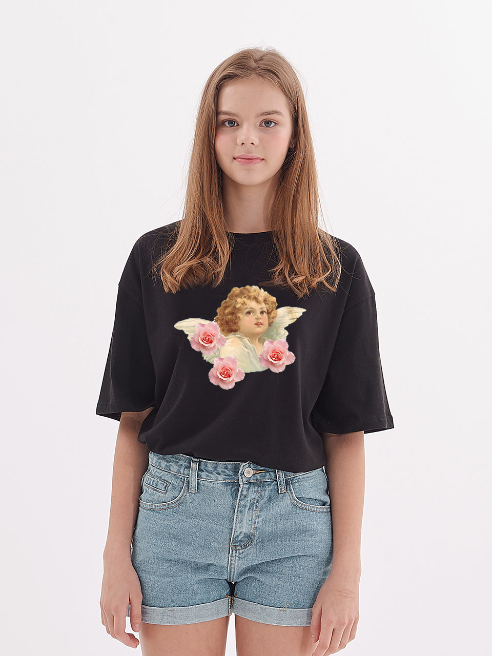 baby angel print wide short sleeve t-shirt