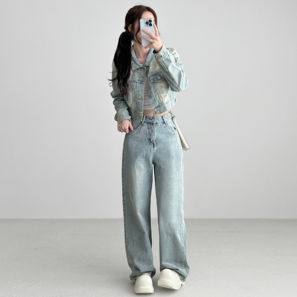 (SET) Washed Denim Crop Jacket Wide Pants Two Piece