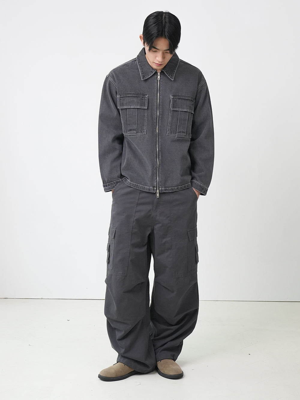 Box pocket denim zip-up 2color