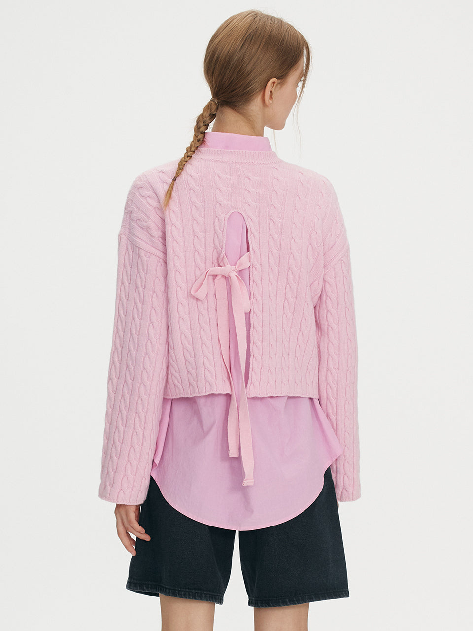 Back point cable knit - Baby pink