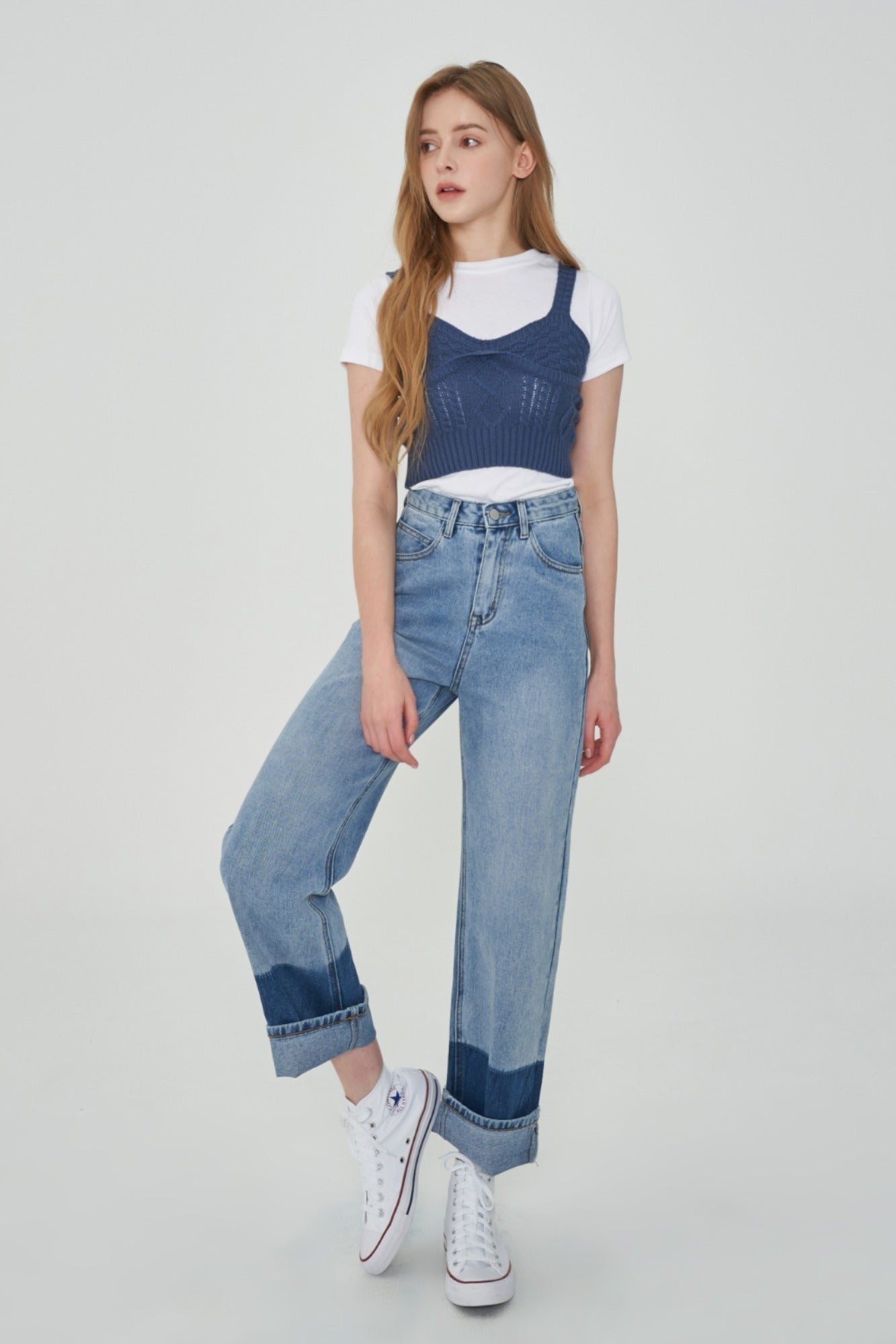 TWO TONE MIXED ROLL UP DENIM PANTS [6605]