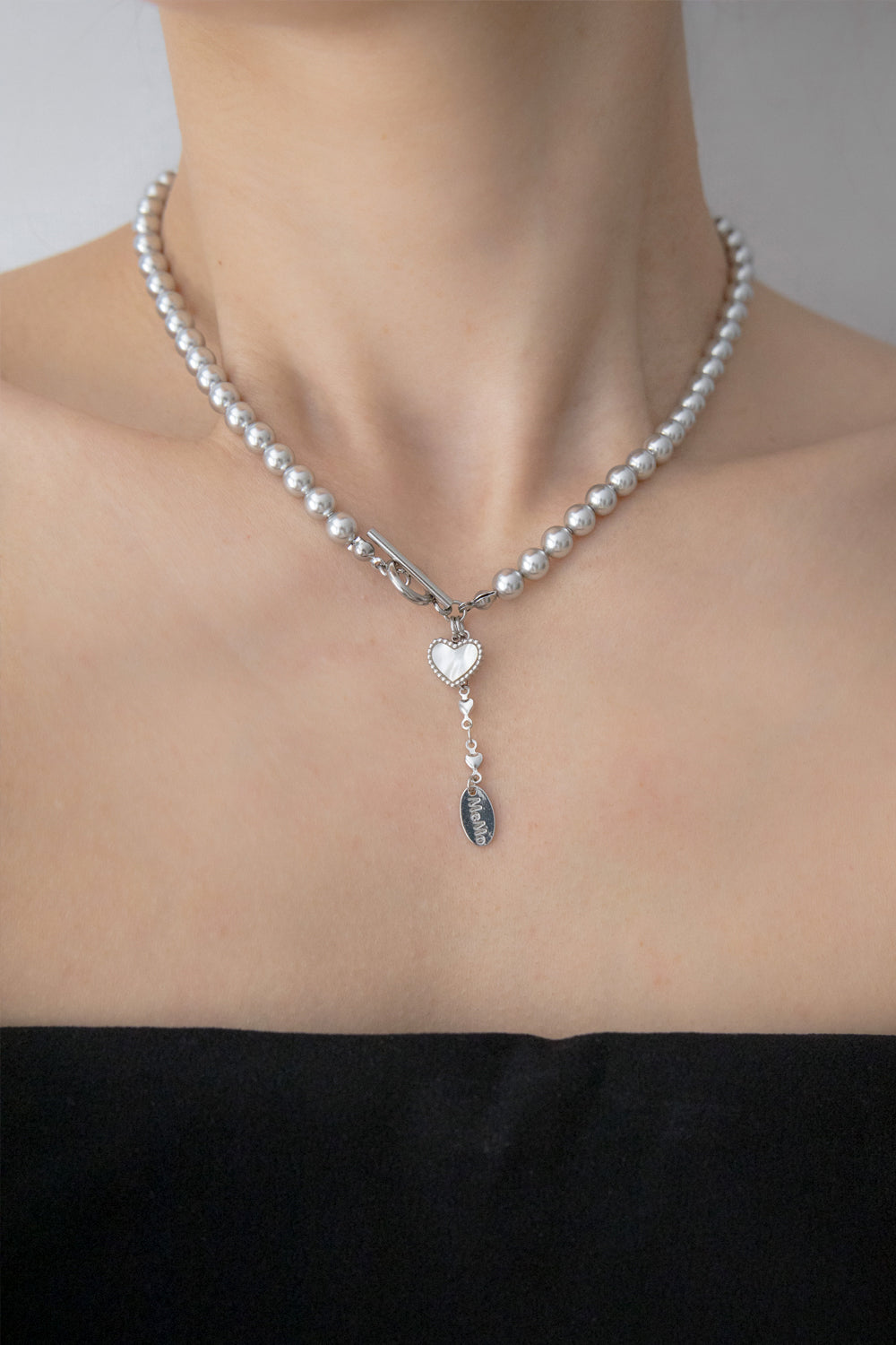 Heart point silver pearl necklace