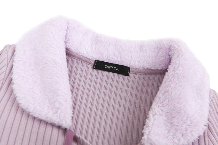 fur collar knit t-shirt purple