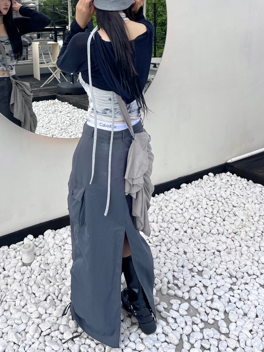 :Cargo shirring detail back slit long skirt