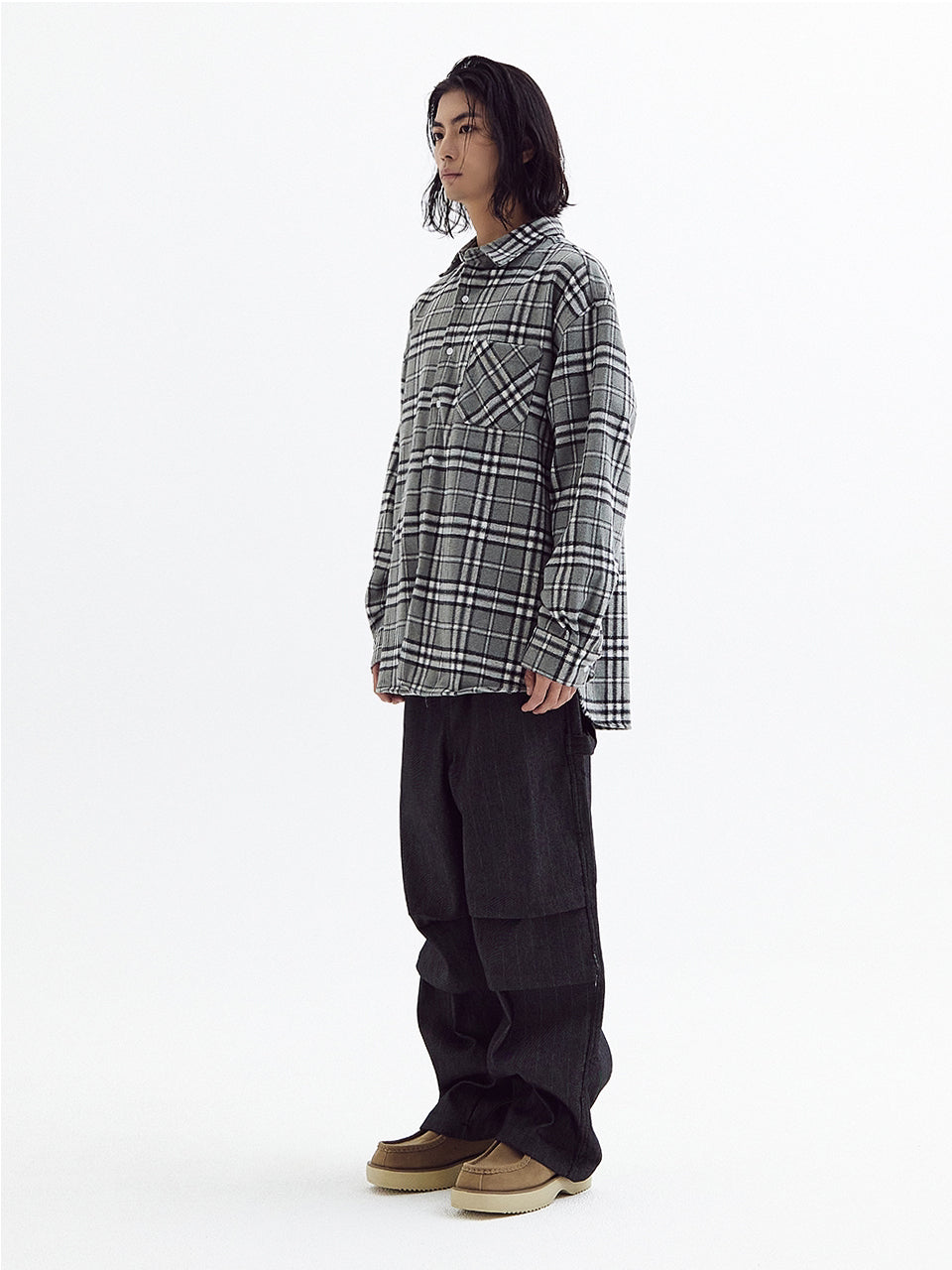 Loose wool check shirts Gray