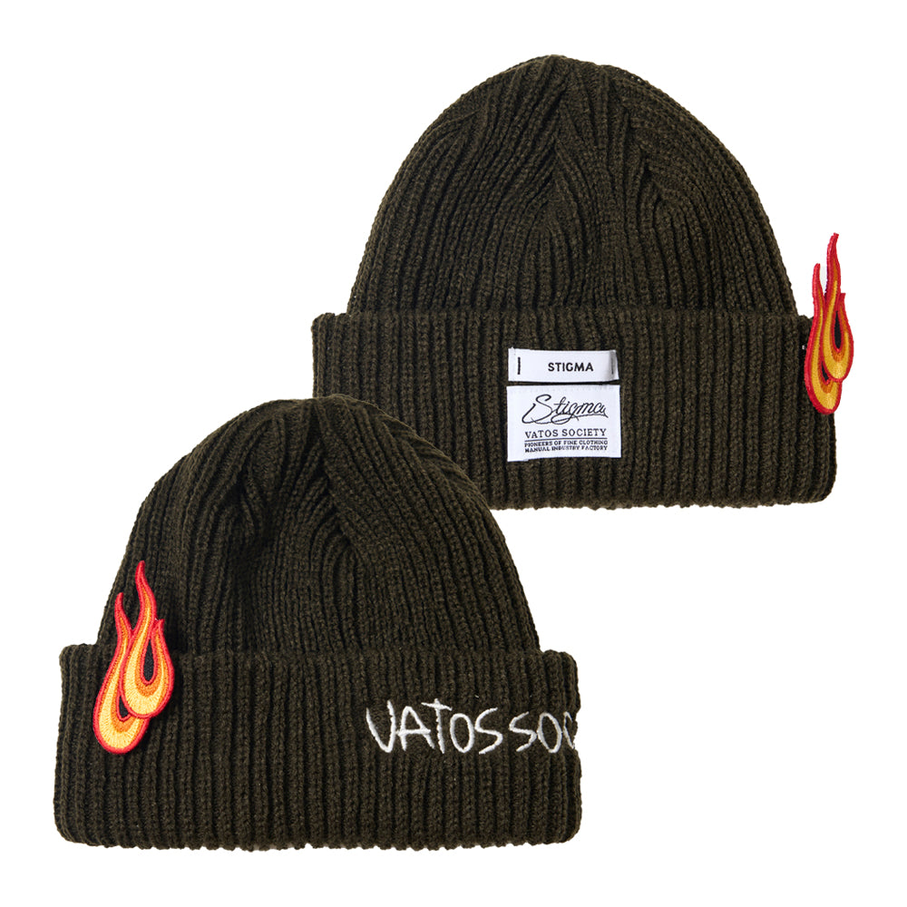 FLAME PATCH EMBROIDERED BEANIE KHAKI/ ORANGE / SKY BLUE /  BLACK