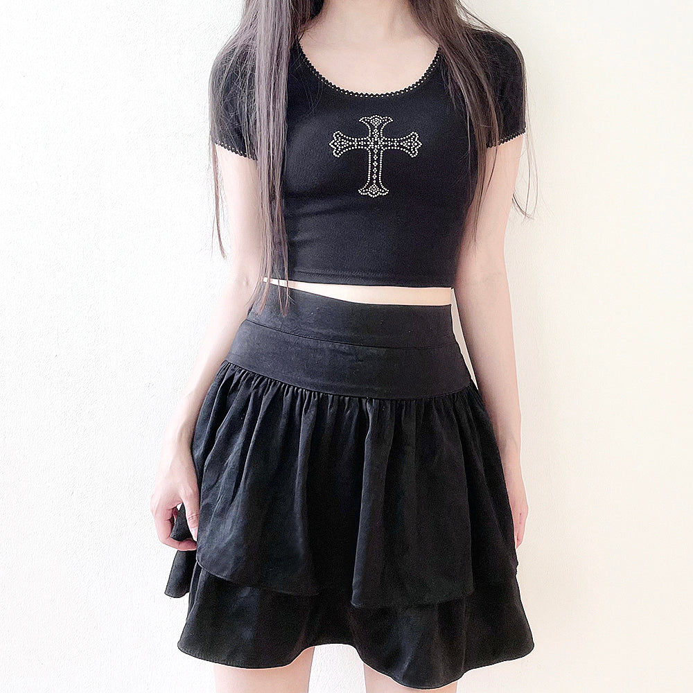 Sparkling Cubic Lace Crop T-Shirt (Black)