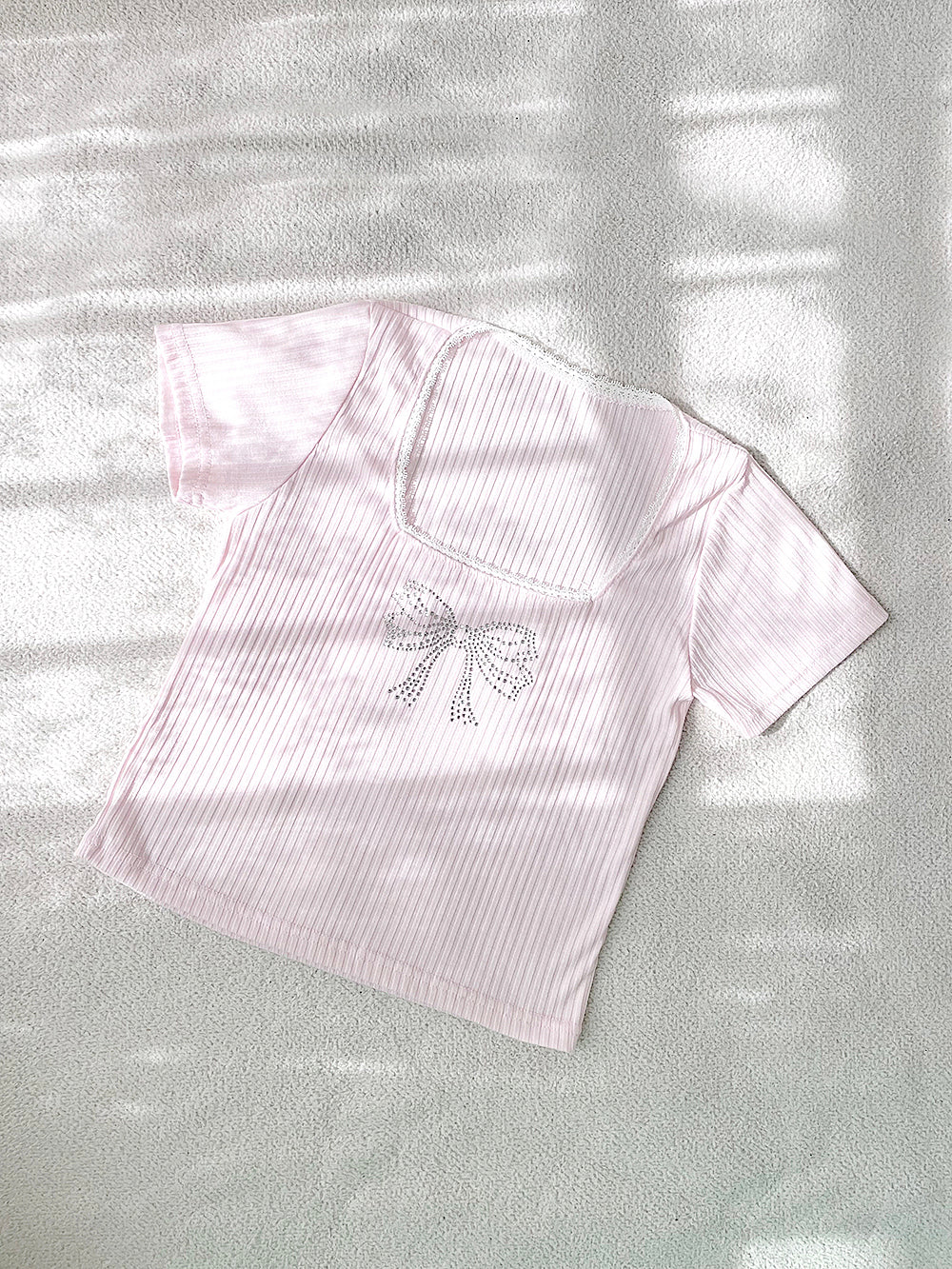 Shine Ribbon Cubic Lace T-Shirt (Baby Pink)