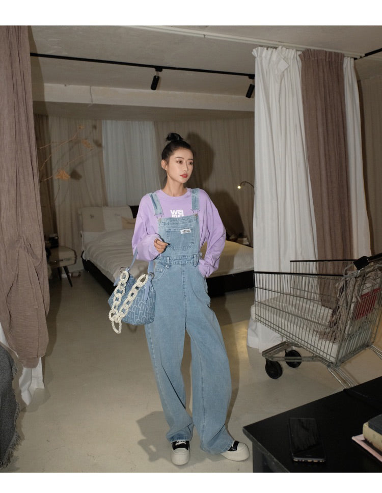 light blue denim overall pants