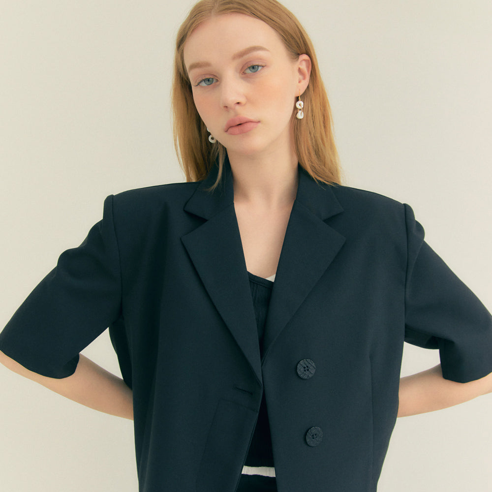 Crop Unbal Half Sleeve Jacket (Black)