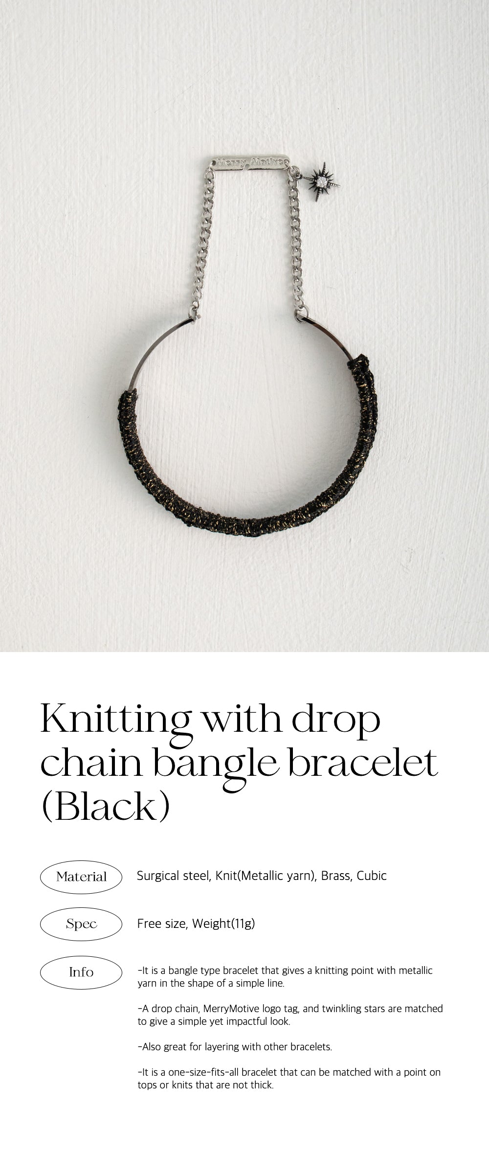 Knitting with drop chain bangle bracelet (Black)