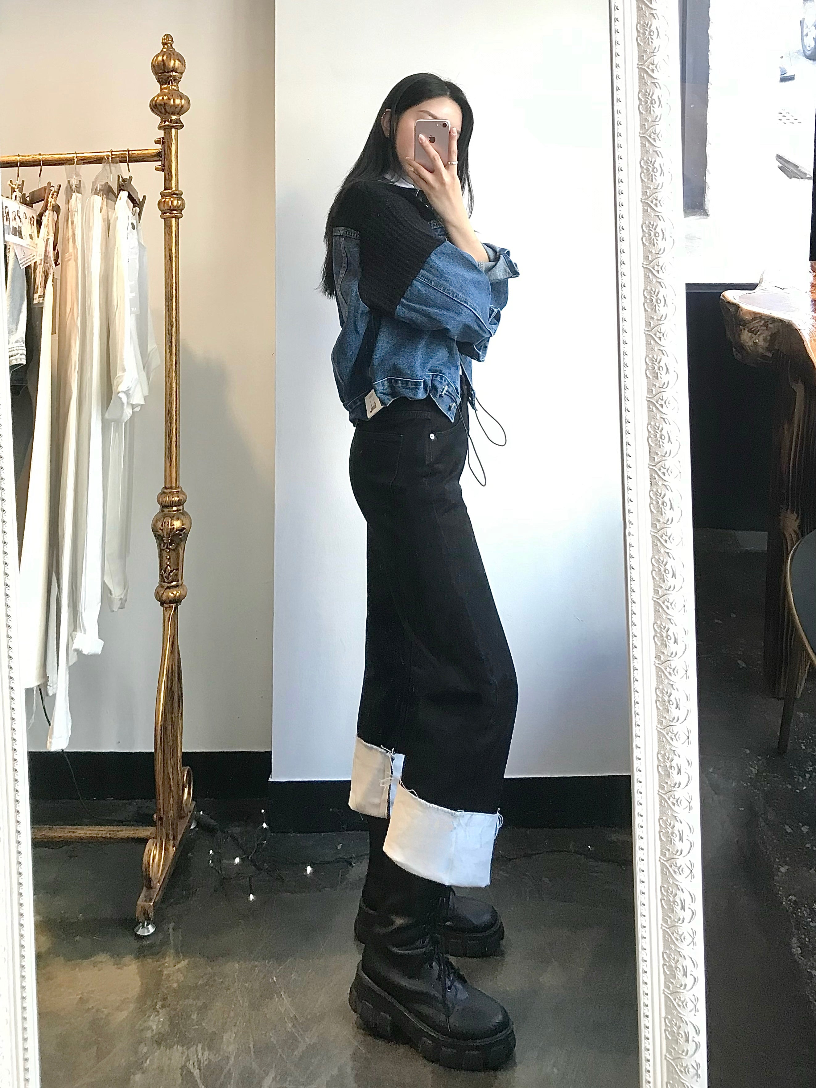 SEMI WIDE FIT BLACK+WHITE DENIM PANTS [17723]