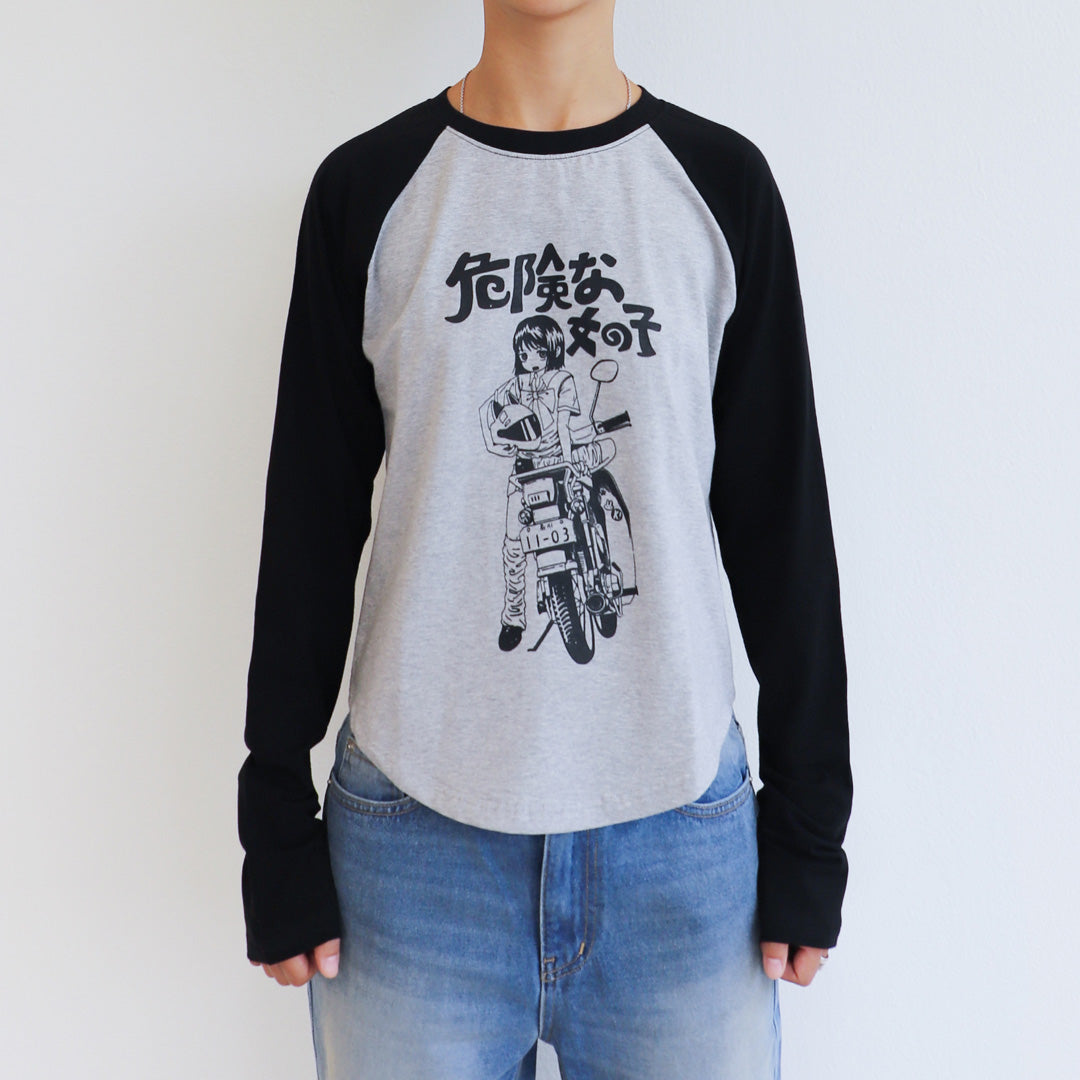 A MOTORCYCLE GIRL Raglan long-sleeved (GRAY)