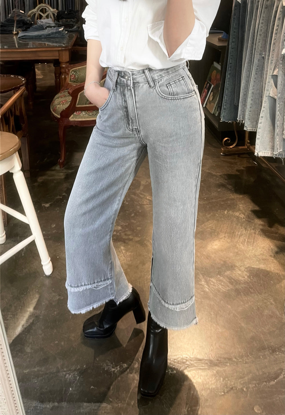 SEMI WIDE FIT SINGLE DIRECTION SLIT GREY DENIM PANTS [17713]