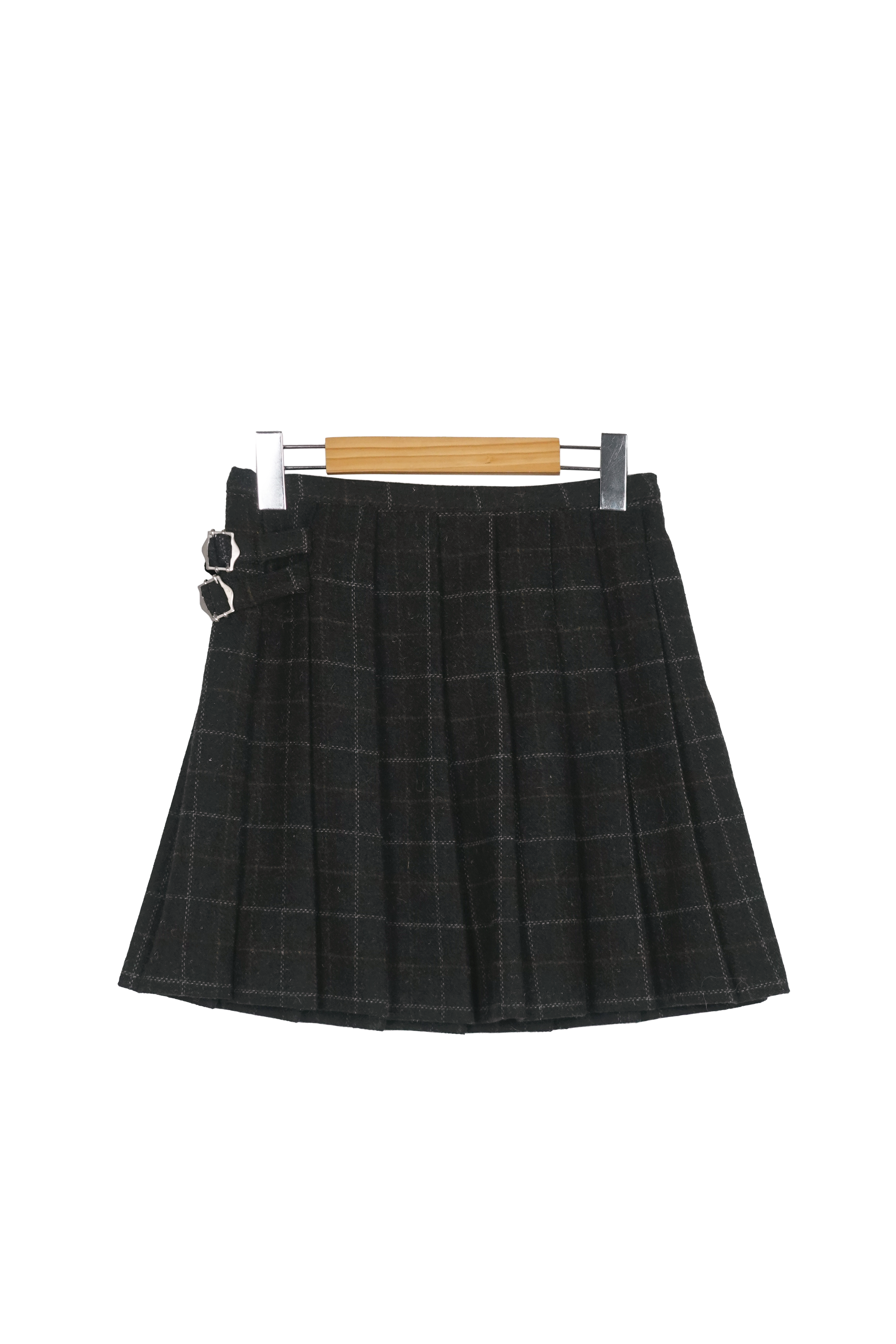 Puzzle Wool Check Bijoe Buckle Pleats Winter Mini Skirt (3 colors)