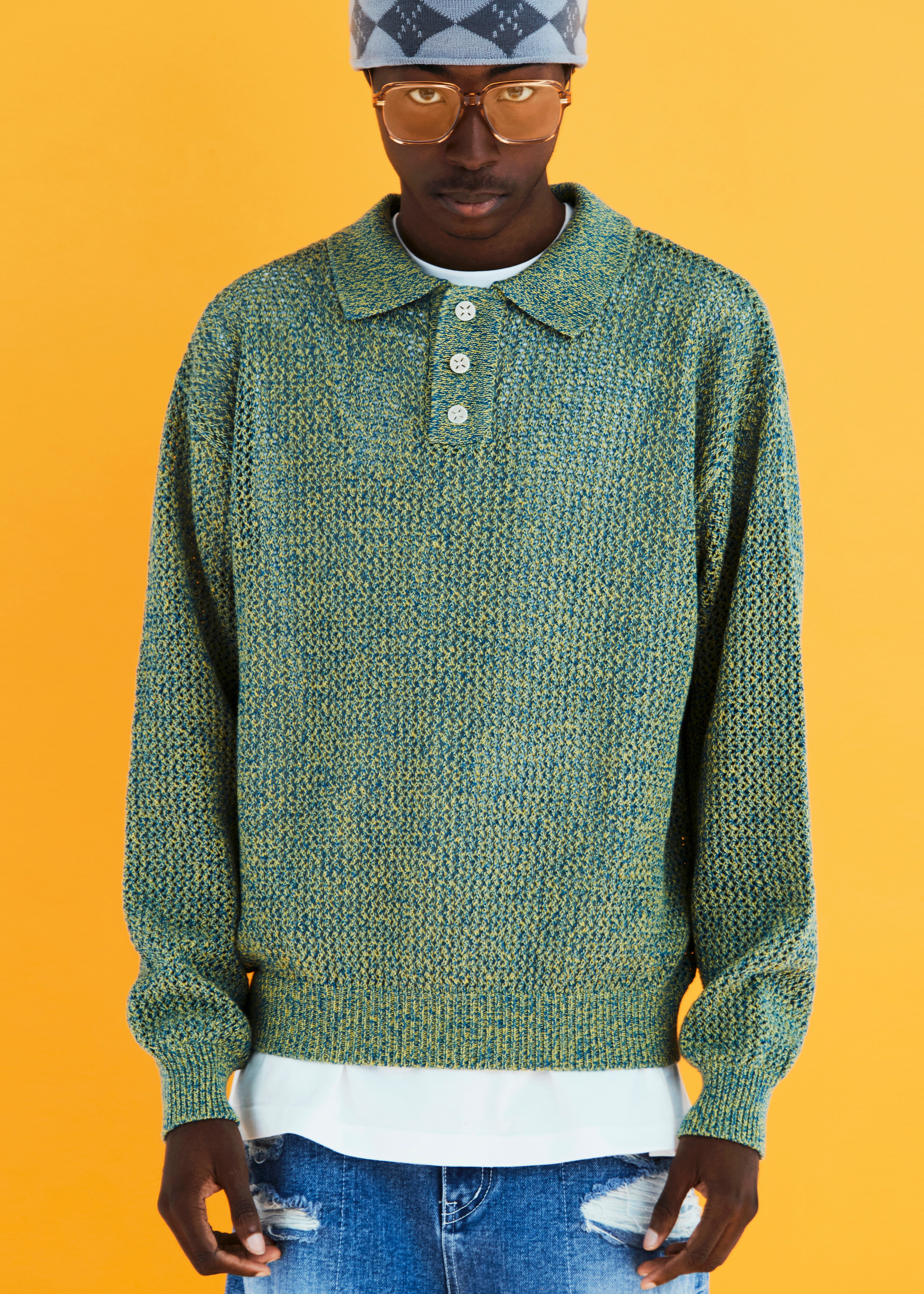 MESH KNIT POLO SHIRT / BLUE&LIME