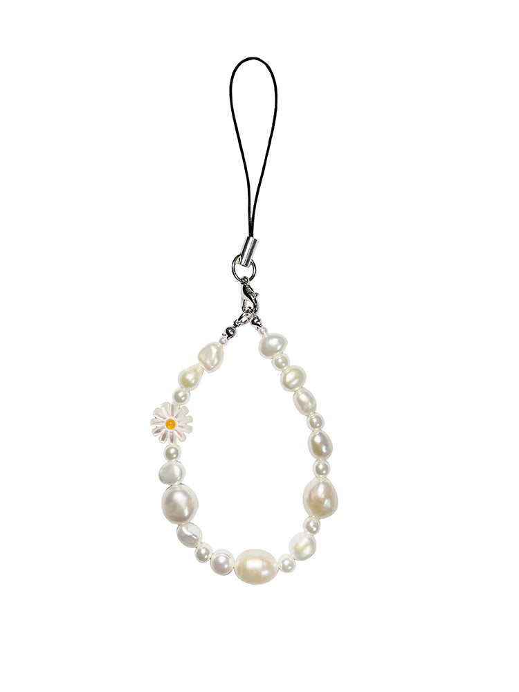 White Daisy Pearl Phone Strap