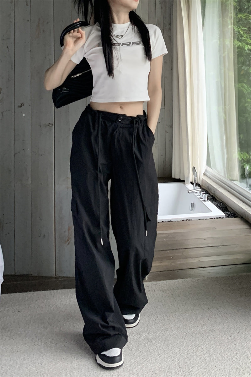 Black nylon long strap cargo pants