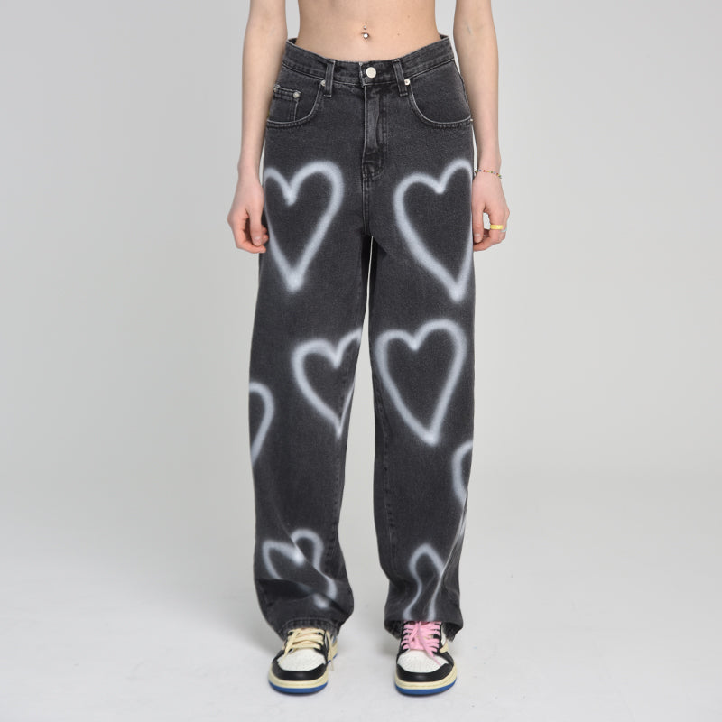 [unisex] heart denim pants (black)