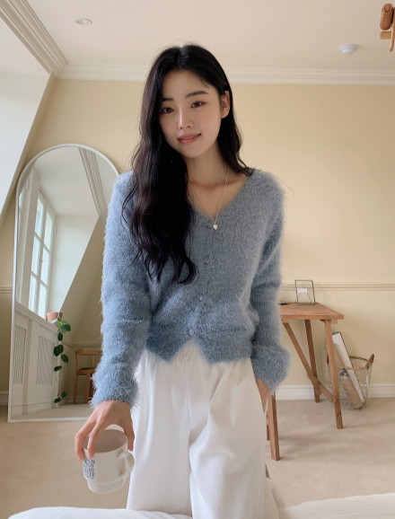 Soft Hairy V-neck Knit Cardigan (7color)