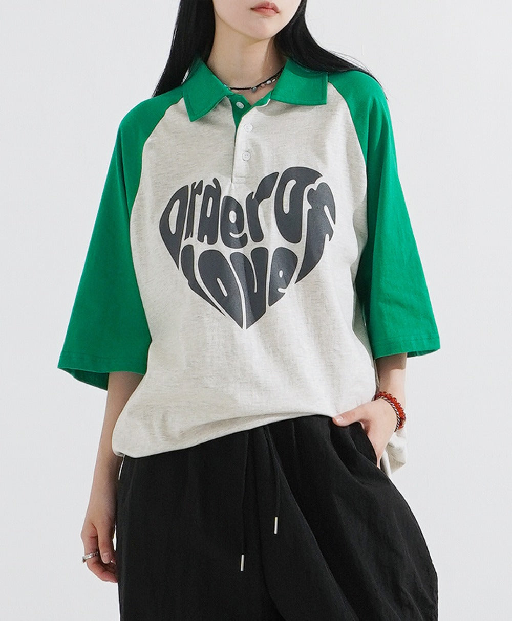 Raglan Heart Collar Half Sleeve T-shirts