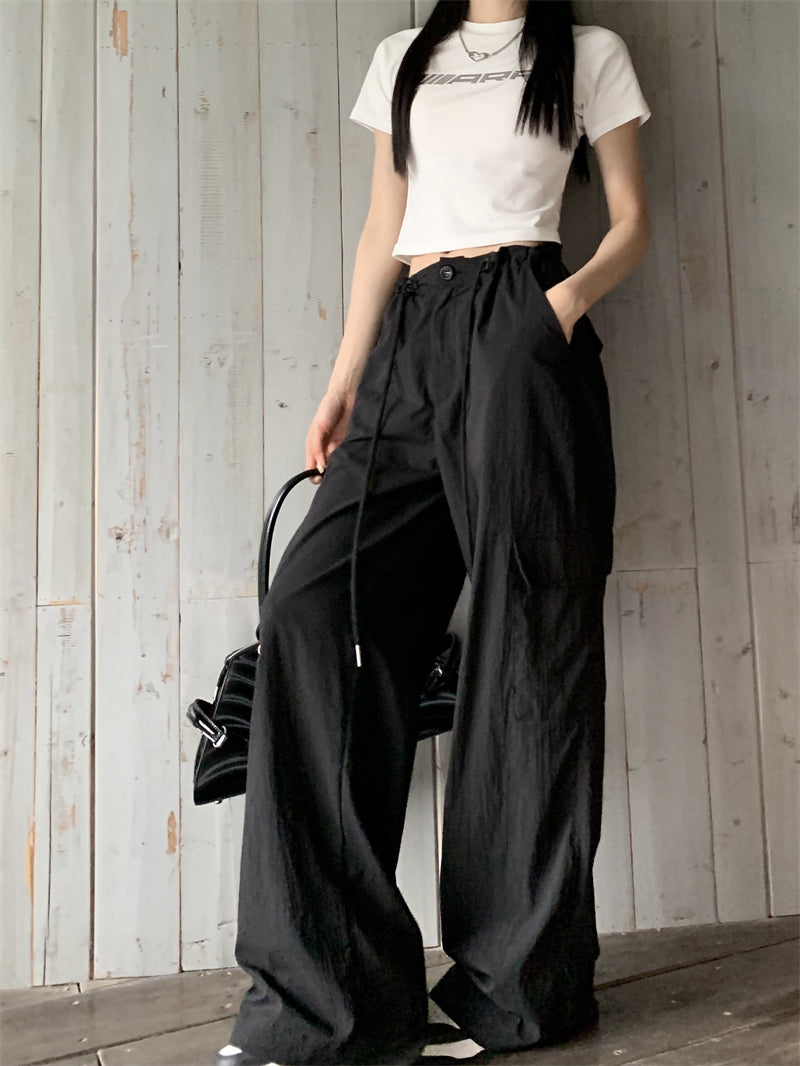 Black nylon long strap cargo pants