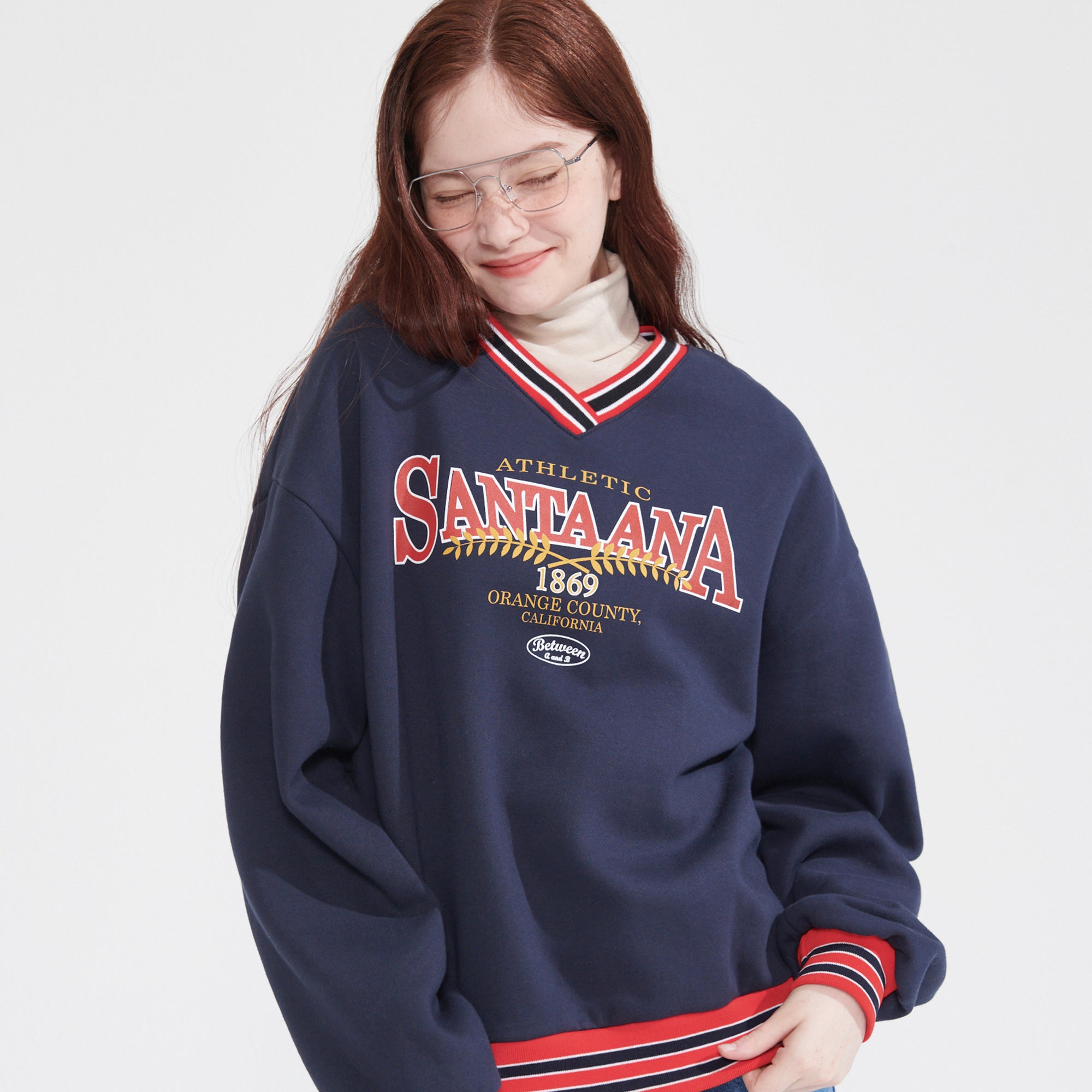 V-NECK STRIPE RIB SWEATSHIRT_NAVY