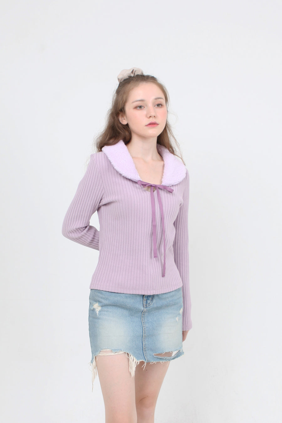 fur collar knit t-shirt purple