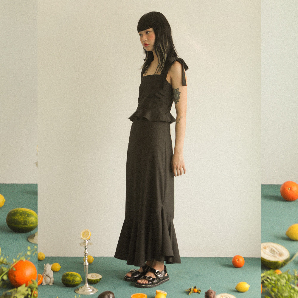 SMOCK RIBBON LONG DRESS_BLACK