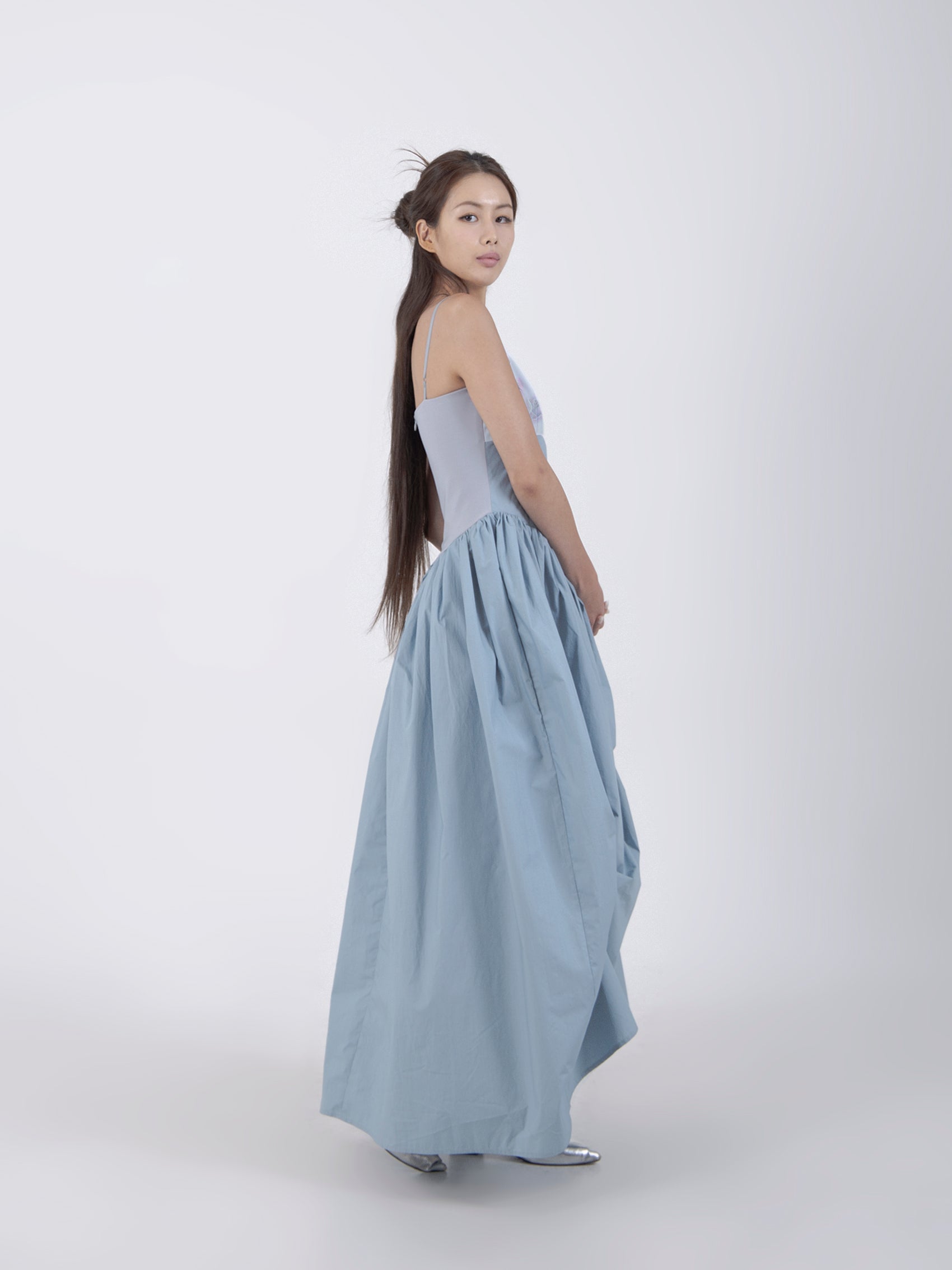 UNBALANCED SHIRRING LONG DRESS #BLUE