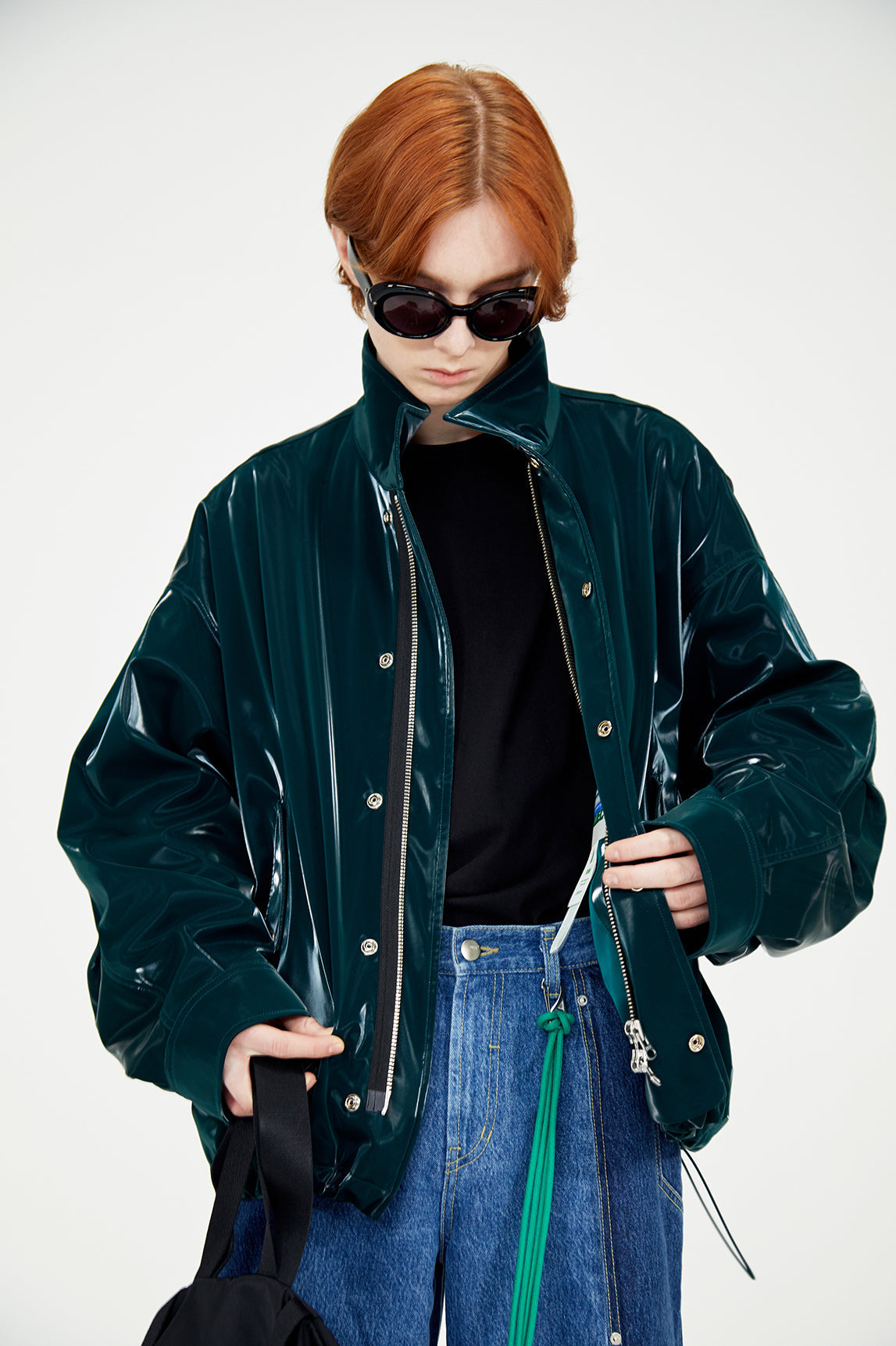 Glossy overfit  jacket (Steal Green)