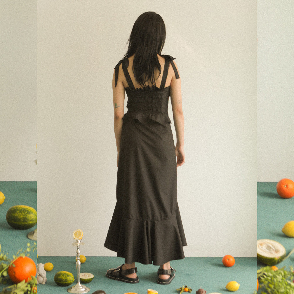 SMOCK RIBBON LONG DRESS_BLACK