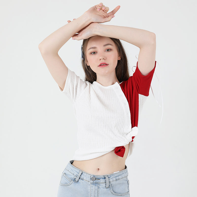 Slit Ribbon Half-Sleeve T-shirt Red