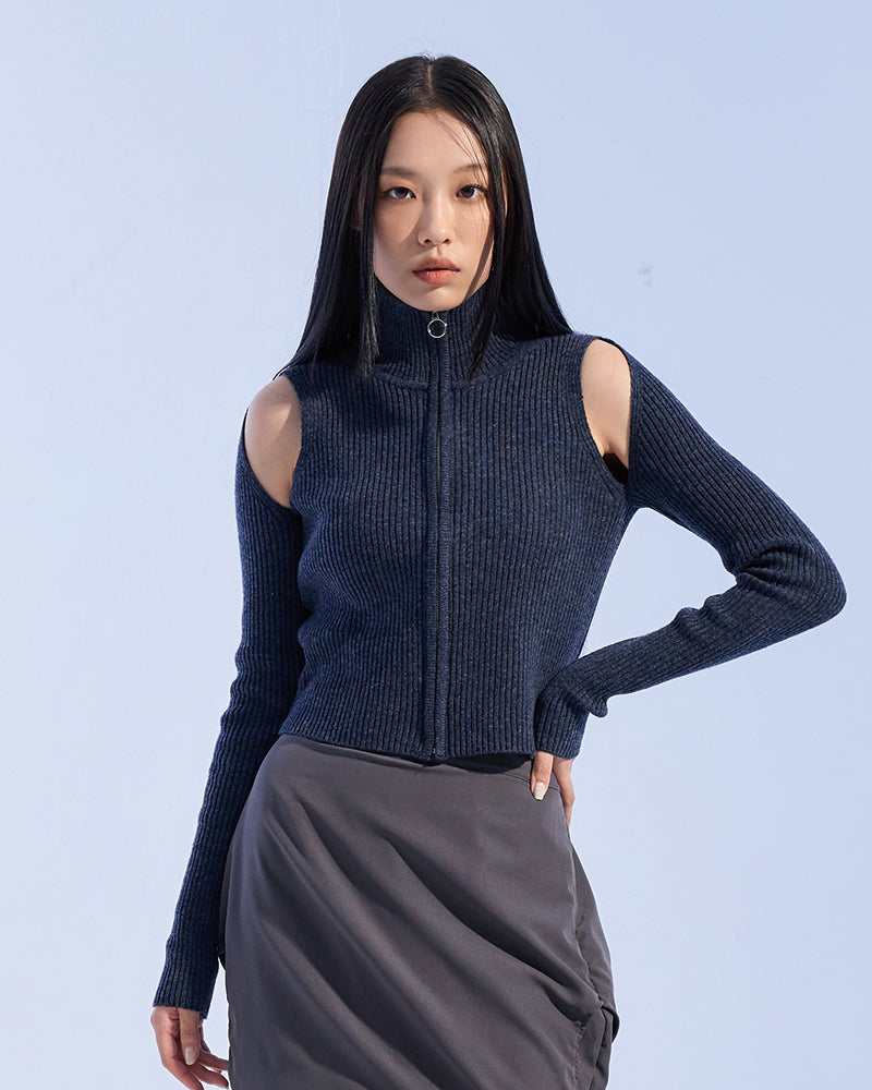 SHOULDER CUT OUT KNIT ZIPUP (NAVY)