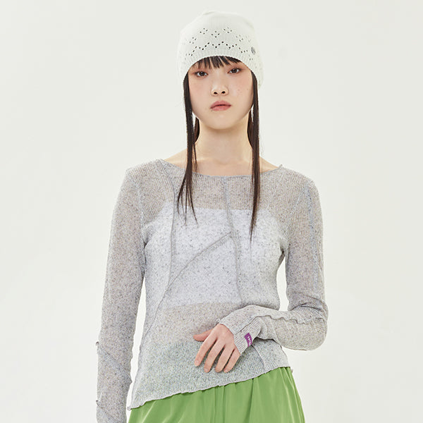 CUT OUT SEE THROUGH LONG SLEEVE TEE SHIRT_LIGHT GREY