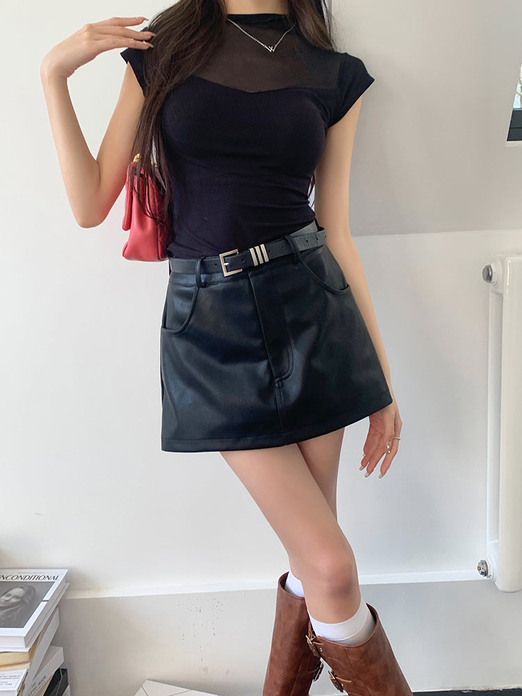 Belted leather short pants skirt